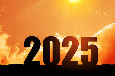 Silhouette 2025 with sunset sky at mountain and number like 2025 abstract background. Concept of start with strategy, win, plan, goal and objective target.の写真素材