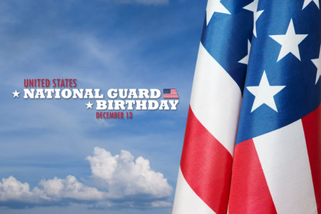 United States National Guard birthday inscription with USA flag on background of blue sky. American holiday poster. Banner, flyer, sticker, greeting card, postcard.の写真素材