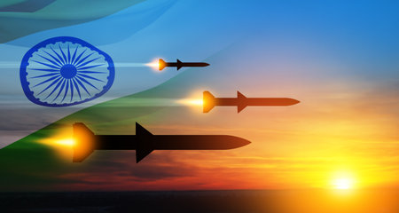 Fired missiles fly to the target. Missiles at the sky at sunset.