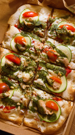Roman square pizza on thick dough with mozzarella, tomatoes, chicken, zucchini and pesto sauceの写真素材