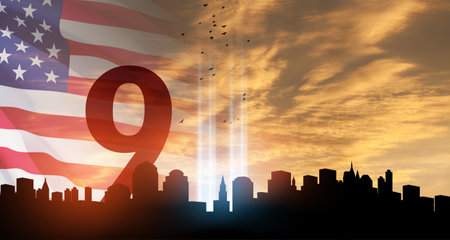 September 11 Tribute In Light Art Installation in the Lower Manhattan New York City Skyline at...
