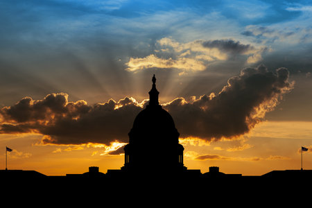 The United States Capitol building silhouette on background of sky at sunset with flying birds in Washington DC, USA.の写真素材