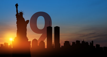 New York skyline silhouette with Twin Towers and The Statue of Liberty at sunset. 9.11 date concept. American Patriot Day banner.の写真素材