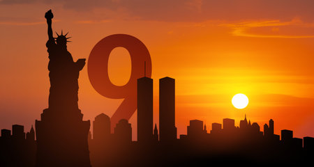 New York skyline silhouette with Twin Towers and The Statue of Liberty at sunset. 9.11 date concept.