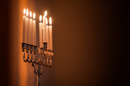 Closeup of Hanukkah menorah, or hanukkiah at sunset for Jewish holiday Hanukkah.の写真素材