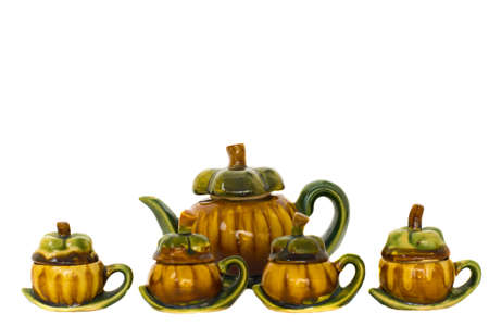 vintage mangosteen teapot family isolated on white backgroundの写真素材