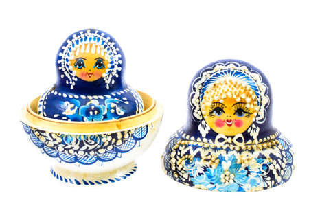 blue russian dolls isolated on white backgroundの写真素材