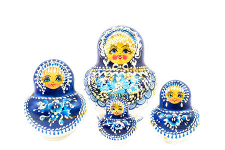 blue russian dolls isolated on white backgroundの写真素材