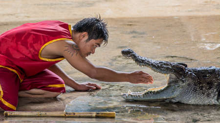 dangerous crocodile show at Suan sam phran, Nakorn Phratom, Thailandのeditorial素材