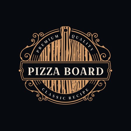 Classic badge pizza wooden board logo design on whiteのイラスト素材