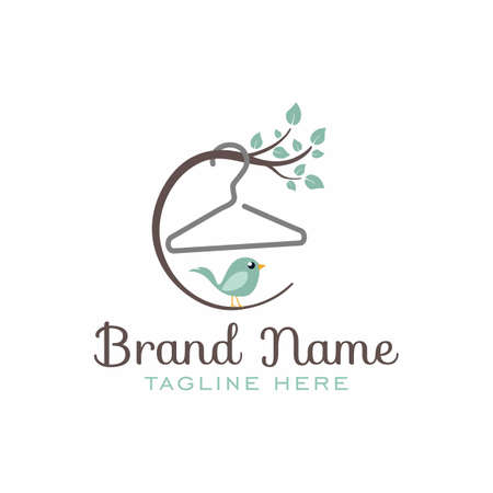 kids clothes store logo with hanger and little bird vector, fun children's apparel store logoのイラスト素材
