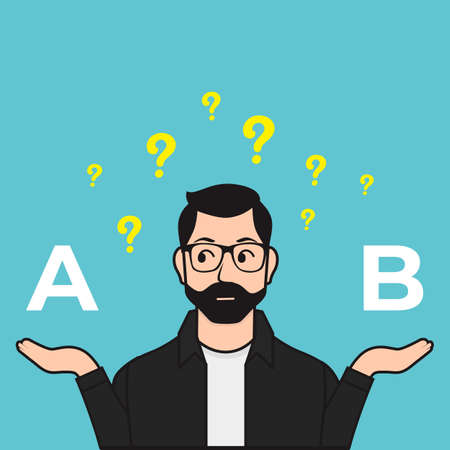 Man Thinking Difficult Choice Between Two Options Vector Illustration, Isolated blue backgroundのイラスト素材