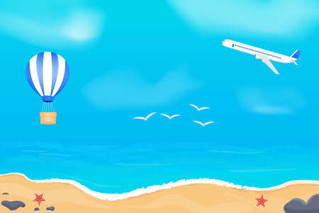 Summer background with beach concept with airplane elements and air balloonsのイラスト素材