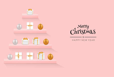Merry Christmas and happy new year with wall shelves; gift boxes and Christmas lightsのイラスト素材