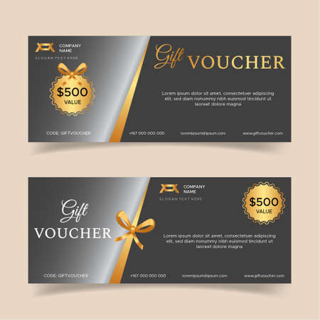 Vector set of luxury gift vouchers with ribbons and gift box. Elegant template for a festive gift card, coupon and certificate. Discount Coupon Templateのイラスト素材