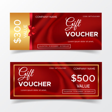 Vector set of luxury gift vouchers with ribbons and gift box. Elegant template for a festive gift card, coupon and certificate. Discount Coupon Templateのイラスト素材