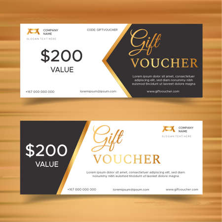 Vector set of luxury gift vouchers with ribbons and gift box. Elegant template for a festive gift card, coupon and certificate. Discount Coupon Templateのイラスト素材