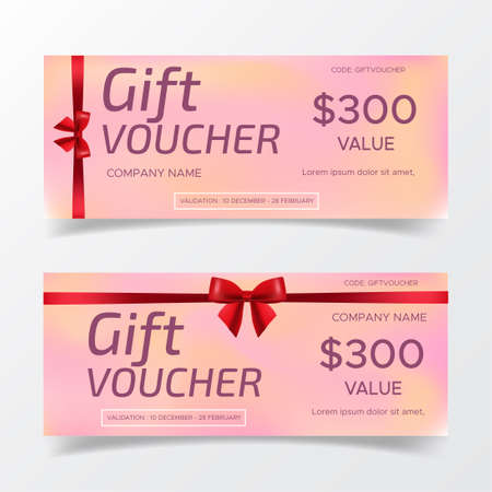 Vector set of luxury gift vouchers with ribbons and gift box. Elegant template for a festive gift card, coupon and certificate. Discount Coupon Templateのイラスト素材