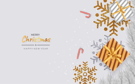Greeting card, happy new year. metallic gold christmas snowflake and gift box on white backgroundのイラスト素材