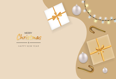 Merry Christmas and Happy New Year with Christmas lights and gift boxのイラスト素材