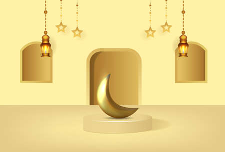Ramadan kareem banner with 3d luxury podium and lantersのイラスト素材