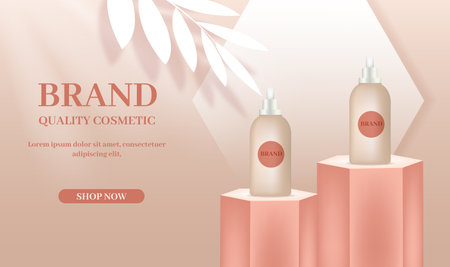 Cosmetics advertising template with bottles on the podium stage geometric shapeのイラスト素材