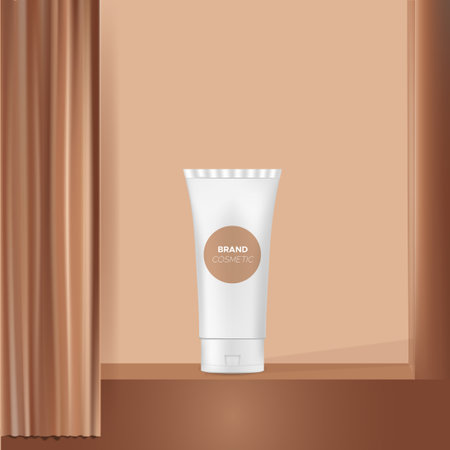 Skin care set advertisement with cream jar on stage podium square brown background and delicate curtains in 3d illustrationのイラスト素材