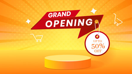 Grand opening yellow banner with gold ribbon, crownのイラスト素材