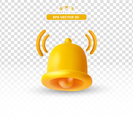 3d notification bell icon set isolated on white background. 3d render yellow ringing bell with new notification for social media reminder. Realistic vector iconのイラスト素材