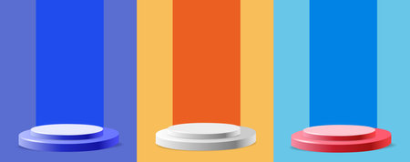Set of abstract vector rendering 3d shape for placing the product with copy space. Modern white pink blue and yellow round podium.のイラスト素材