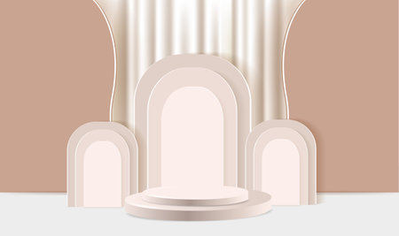 Abstract cream 3D space with realistic cream cylinder base set. Minimal scene for product display presentation. Vector geometric platform. Stage for performancesのイラスト素材