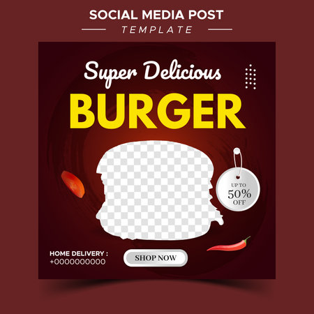 Food or culinary social media marketing templates. editable square social media posts for promotion. vector illustration with realistic burger and geometric podiumのイラスト素材