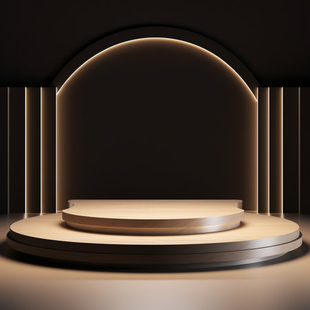 black cylinder podiums with golden line circle on dark background, geometric, round realistic pedestal, cosmetic showcase, template, copy space, advertising, product display,の素材