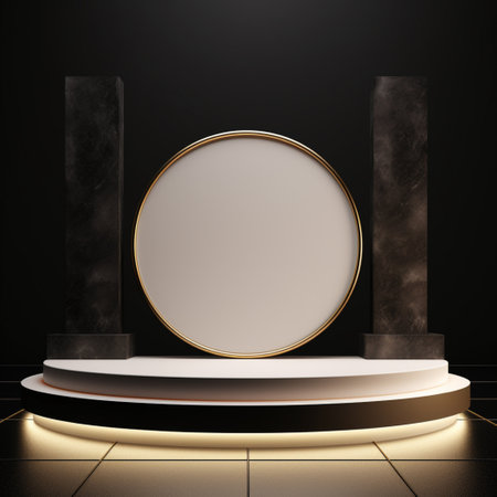 black cylinder podiums with golden line circle on dark background, geometric, round realistic pedestal, cosmetic showcase, template, copy space, advertising, product display,の素材