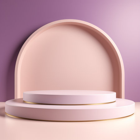 Minimalist rose geometric pedestal for product showcase. Pink background. Empty mock up templateの素材
