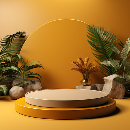 podium blank, yellow background, in the style of circular abstraction, 3D rendering, clay material, isometric, tonalist, smooth shiny, yellow and white, spot light, lively tableaus, rim light,の素材