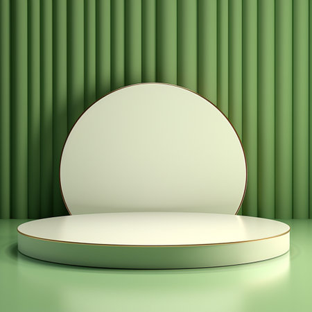 3d background podium for products display with beige pedestal and green backdrop. Minimalist stand to show cosmetic products.の素材