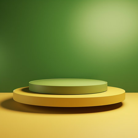 3d background podium for products display with beige pedestal and green backdrop. Minimalist stand to show cosmetic products.の素材
