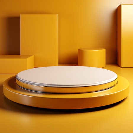 podium blank, yellow background, in the style of circular abstraction, 3D rendering, clay material, isometric, tonalist, smooth shiny, yellow and white, spot light, lively tableaus, rim light,の素材