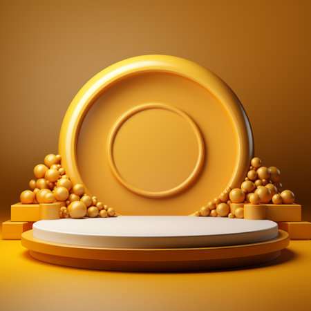 podium blank, yellow background, in the style of circular abstraction, 3D rendering, clay material, isometric, tonalist, smooth shiny, yellow and white, spot light, lively tableaus, rim light,の素材