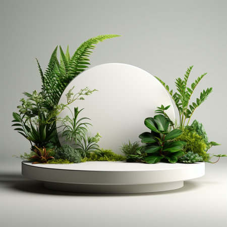 Podium blank, white background, grass, in the style of circular abstraction, 3D rendering, clay material, isometric, tonalist, smooth shiny, white and white, spot light, lively tableaus, rim light, high resolutionの素材