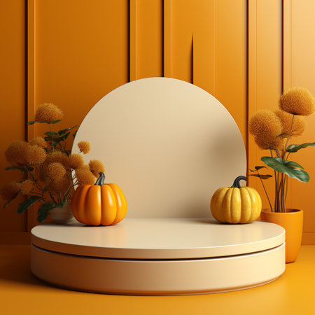 3d podium pumpkin. Minimal concept. Holiday decoration, bright orange yellow pumpkin for celebration halloween on on bright orange backgroundの素材