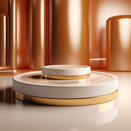 3D room with realistic golden cylinder pedestal podium. Minimal scene for product display presentation.の素材