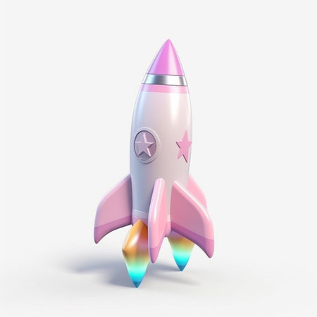 3d cartoon style minimal spaceship rocket icon. Toy rocket upswing ,spewing smoke. Startup, space, business concept.の素材