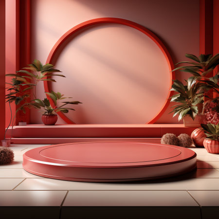 podium blank, white background, Chinese New year, in the style of circular abstraction, 3D rendering, clay material, isometric, tonalist, smooth shiny, red and white, spot light, lively tableausの素材