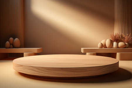 podium blank, wall background, in the style of circular abstraction, 3D rendering, wood material, isometric, tonalist, smooth shiny, brown and beige, spot light, lively tableaus, rim light, high resolutionの素材