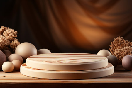 podium blank, wall background, in the style of circular abstraction, 3D rendering, wood material, isometric, tonalist, smooth shiny, brown and beige, spot light, lively tableaus, rim light, high resolutionの素材