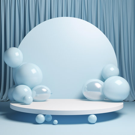 Podium blank, soft blue background, 3d cloud, in the style of circular abstraction, 3D rendering, clay material, isometric, tonalist, smooth shiny, white and beige, spot light, lively tableaus, rim lightの素材