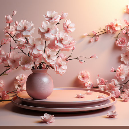 Podium blank, soft pink background, Cherry blossoms, in the style of circular abstraction, 3D rendering, clay material, isometric, tonalist, smooth shiny, white and pink, spot light, lively tableaus, rim lightの素材