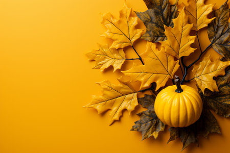 Thanksgiving and autumn decoration concept mode from autumn leaves and pumpkin on yellowの素材
